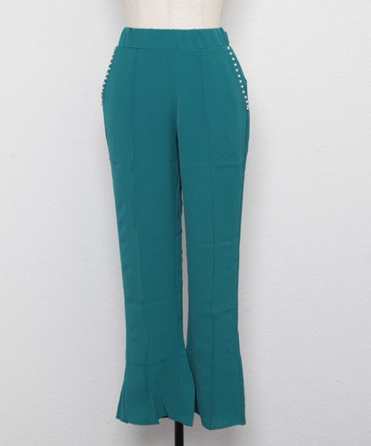 とろみ素材ポケットパール裾バックプリーツパンツ