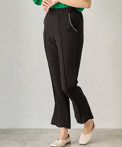 とろみ素材ポケットパール裾バックプリーツパンツ