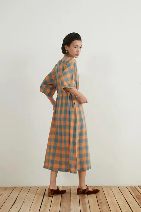 コットン100％Vネックチェックワンピースベルト付き