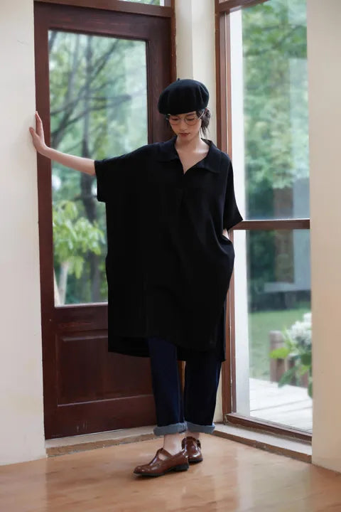 ルーズフィットスキッパーカラーチュニックトップ